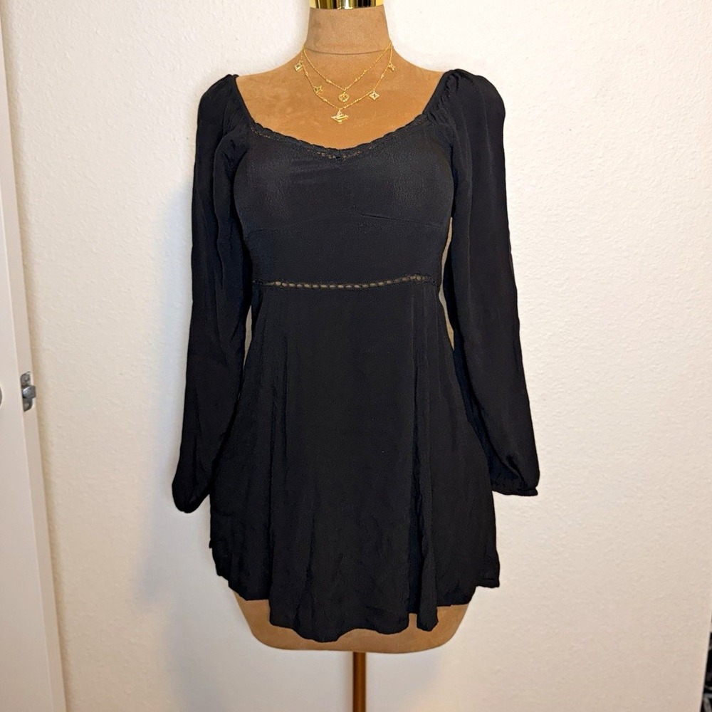 American Eagle Black Square Neck Smocked Puff Sleeve Mini Dress Women Size S